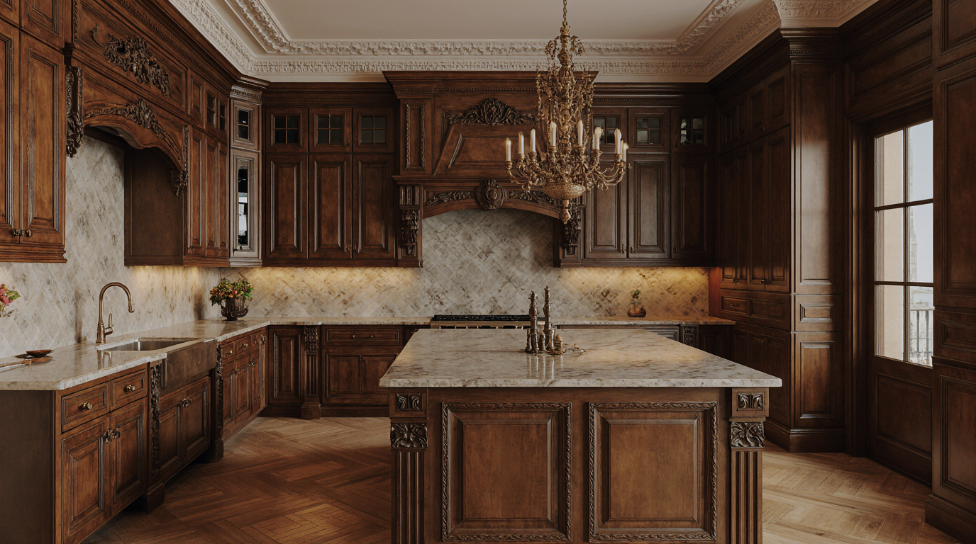 کابینت نئو کلاسیک قهوه‌ای تیره چوبی